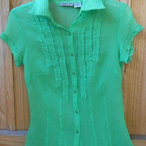 MKM Designs Bright Green SILK short sleeve top sheer, Medium